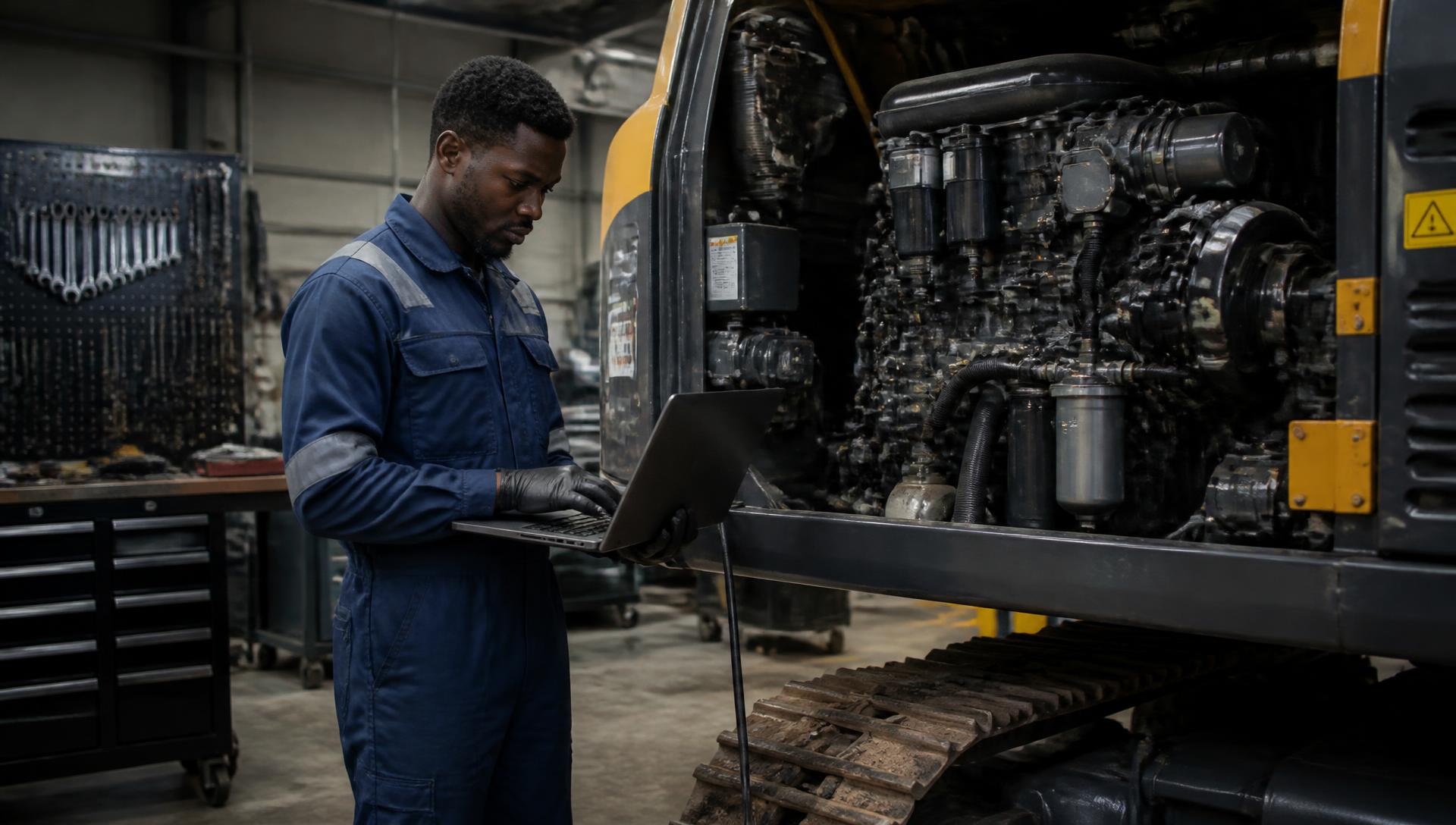 Mécanicien réalisant un diagnostic électronique sur un moteur diesel d'engin lourd