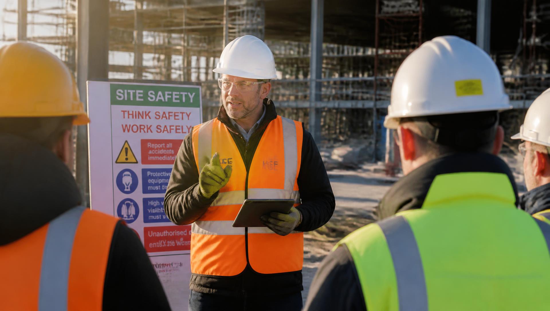 Responsable QHSE animant une causerie sécurité sur un site industriel