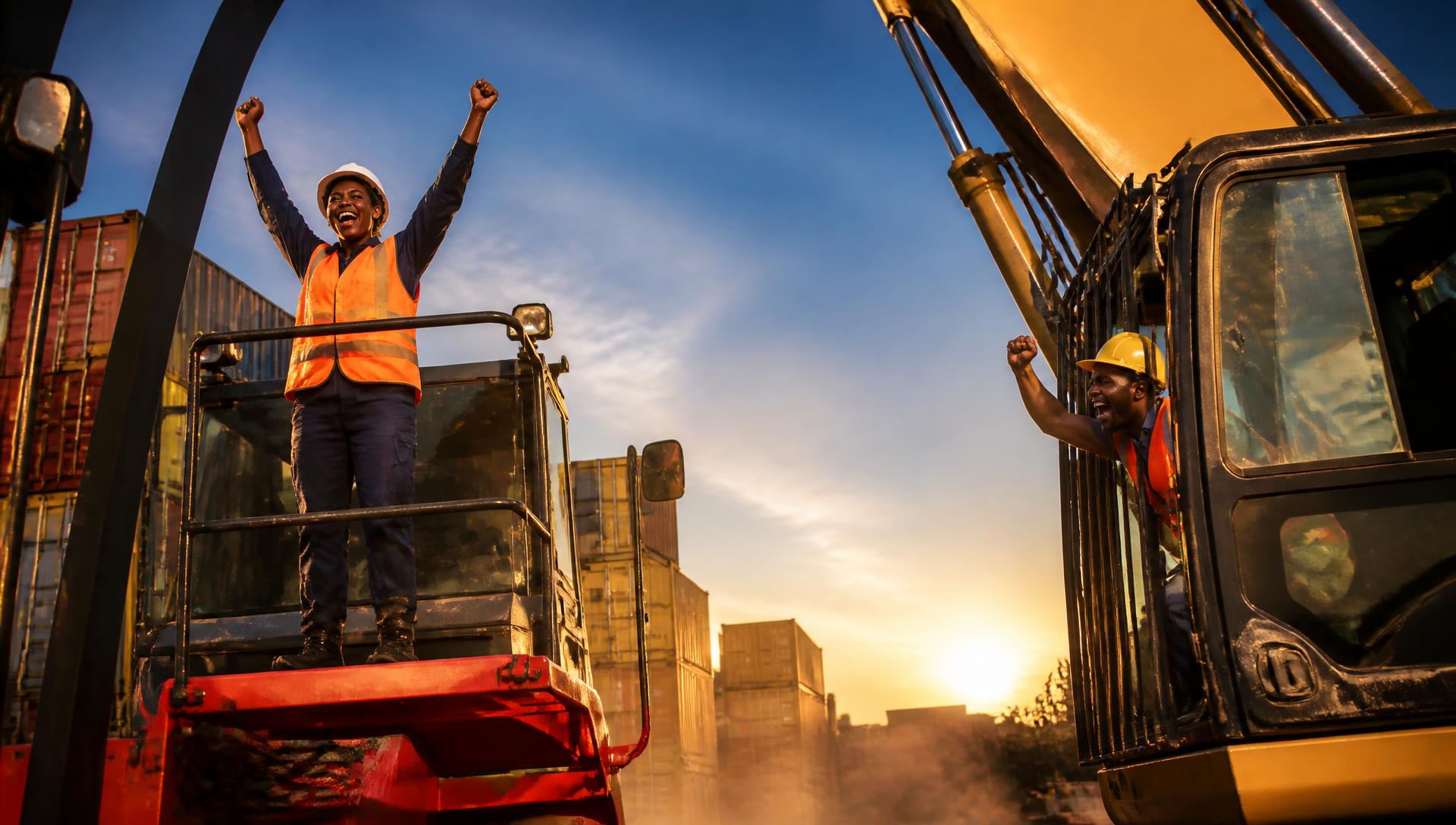 Deux professionnels africains en équipement de sécurité célèbrent, sur un reach stacker et dans la cabine d'une pelle hydraulique, sur un site portuaire à Douala